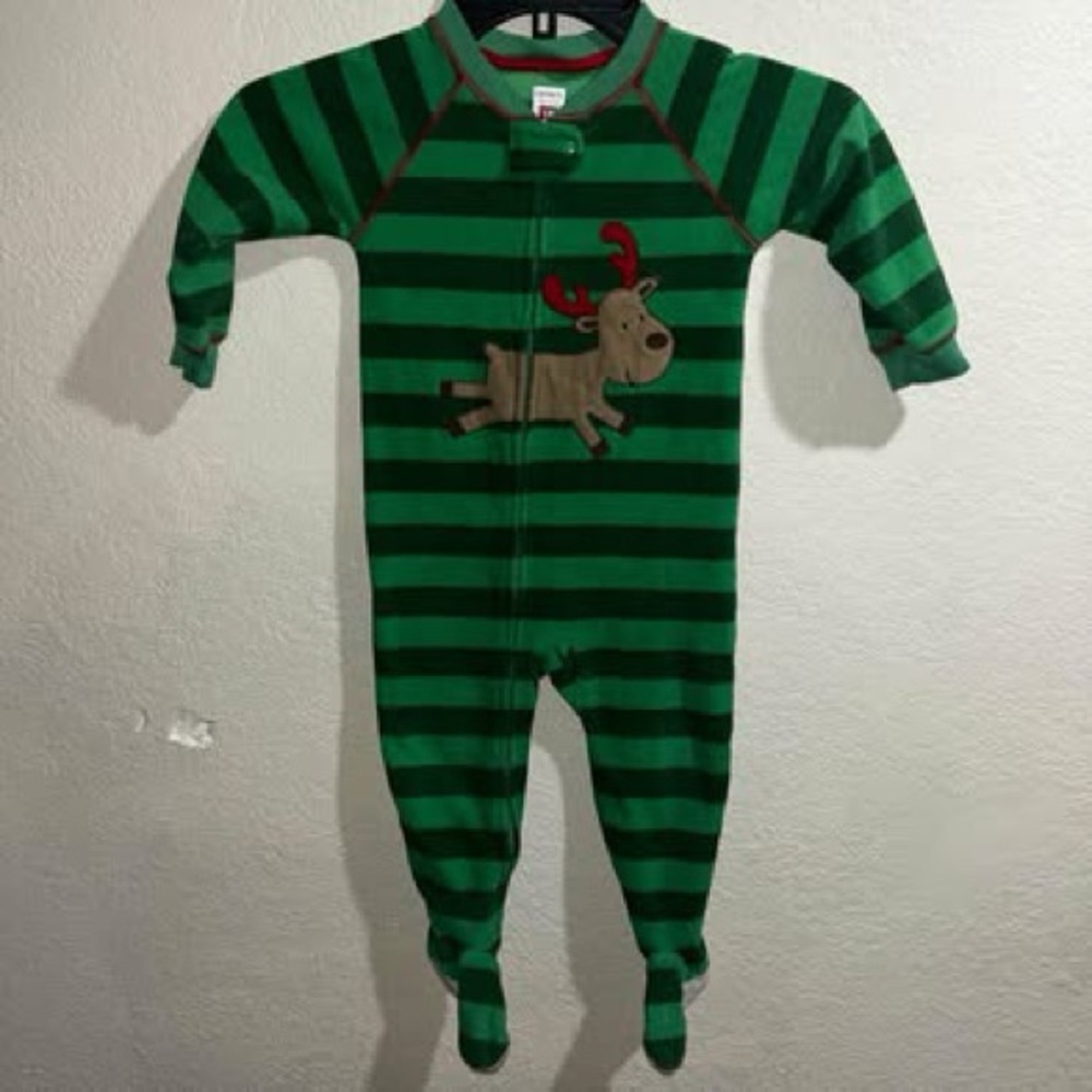 Carter's Green Striped Footie with Reindeer
